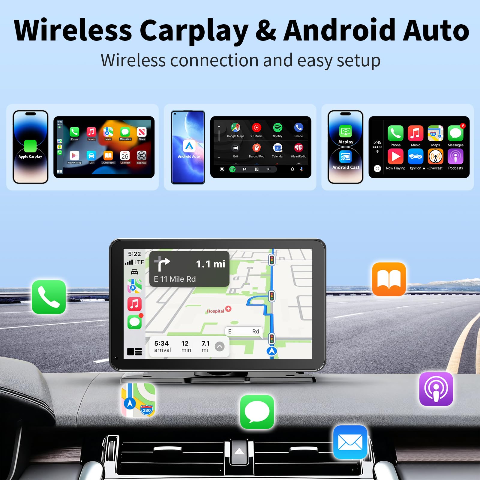 Amazon.com: CarPlay Screen for Car, 9'' Wireless CarPlay & Android
